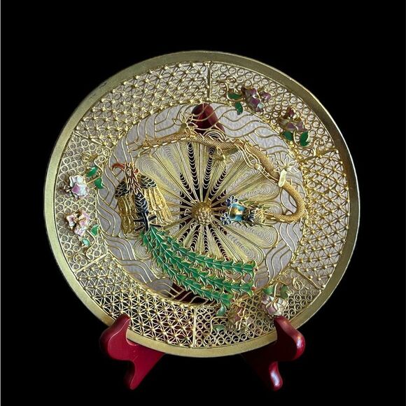 Chinese gold filigree enamel 3D dragon Phoenix decorative plate - Picture 14 of 14